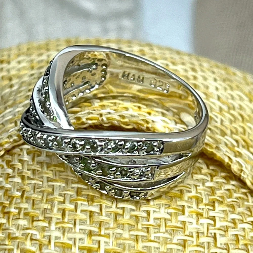Vintage HAN 925 Sterling Silver Criss-Cross CZ Band Ring – Size 6.75 - Picture 1 of 17